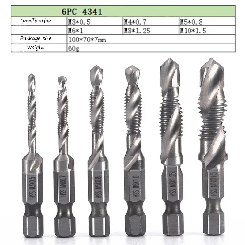 6pcs M3-M10 Screw Tap Drill Bits Hss Taps Countersink Deburr Set Metric Combination Bit High Speed Steel 1/4 IN Quick Change Hex