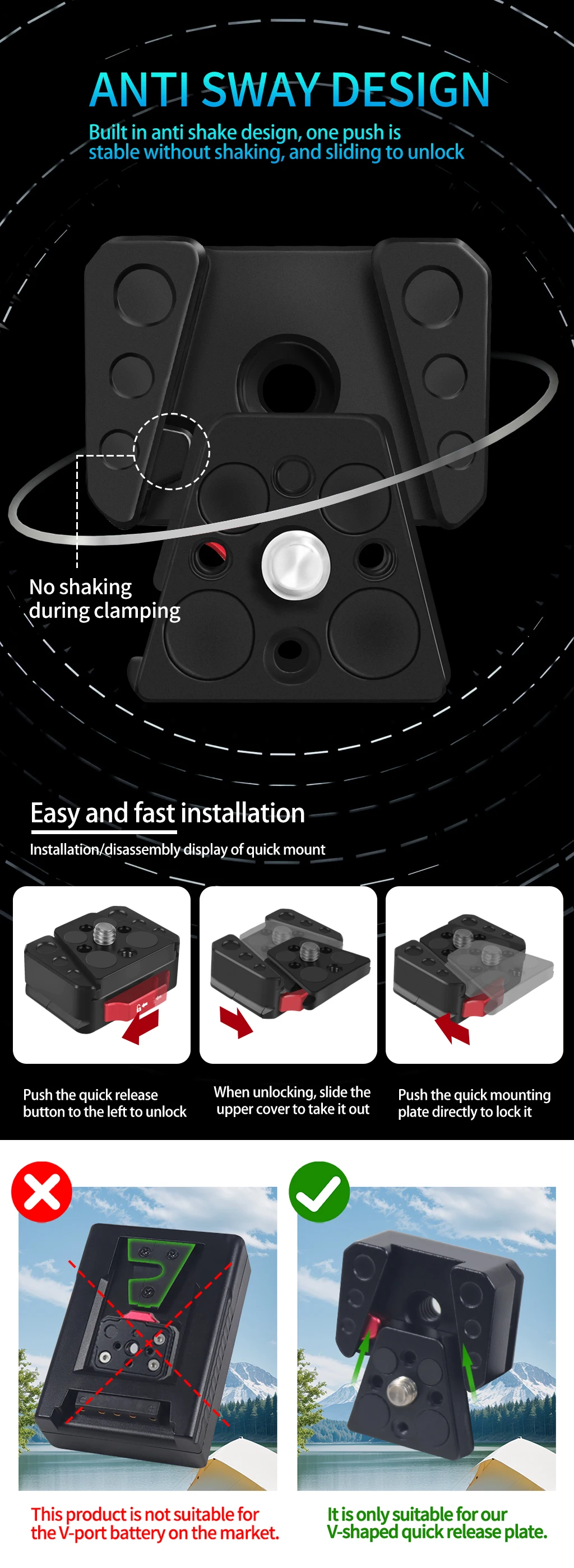 Quick Release Mount Plate Board Anti-Shake Clamp V Port für GoPro 13 Insta 360 DJI OSMO 360 Action Kamera Gimbal Stativ DSLR Käfig – Detail 1