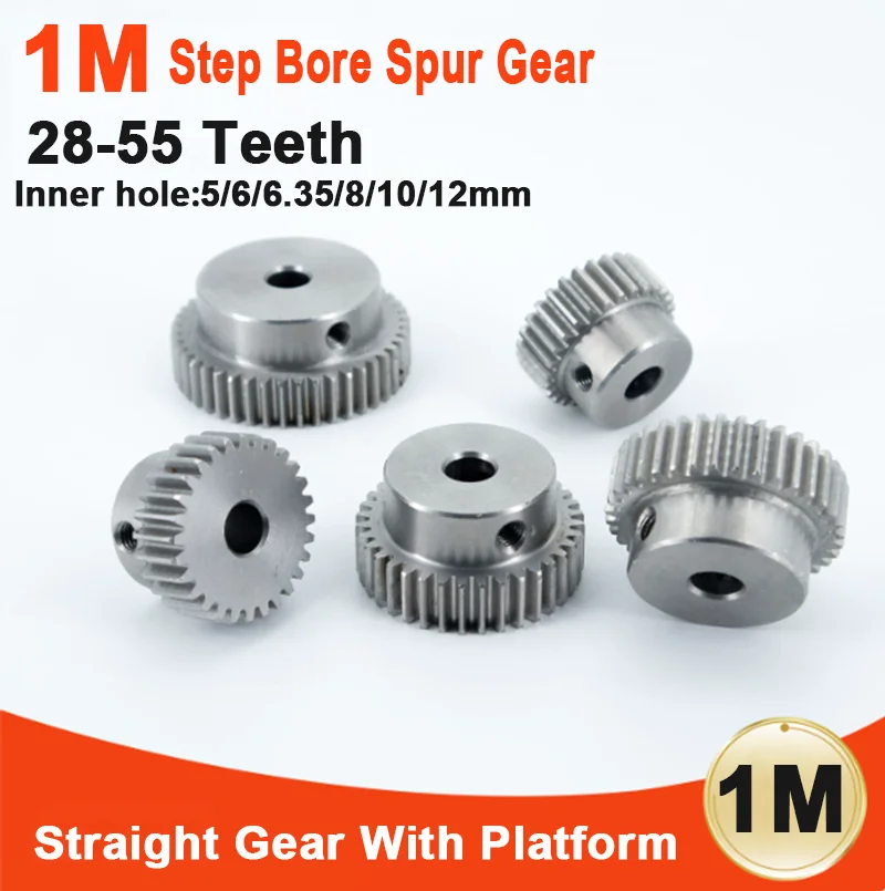 1 Module 45# Steel Spur Pinion Gear 28-55Teeth 6-15mm Step Bore High Hardness Wear Resistant Motor Mechanical Transmission Gear