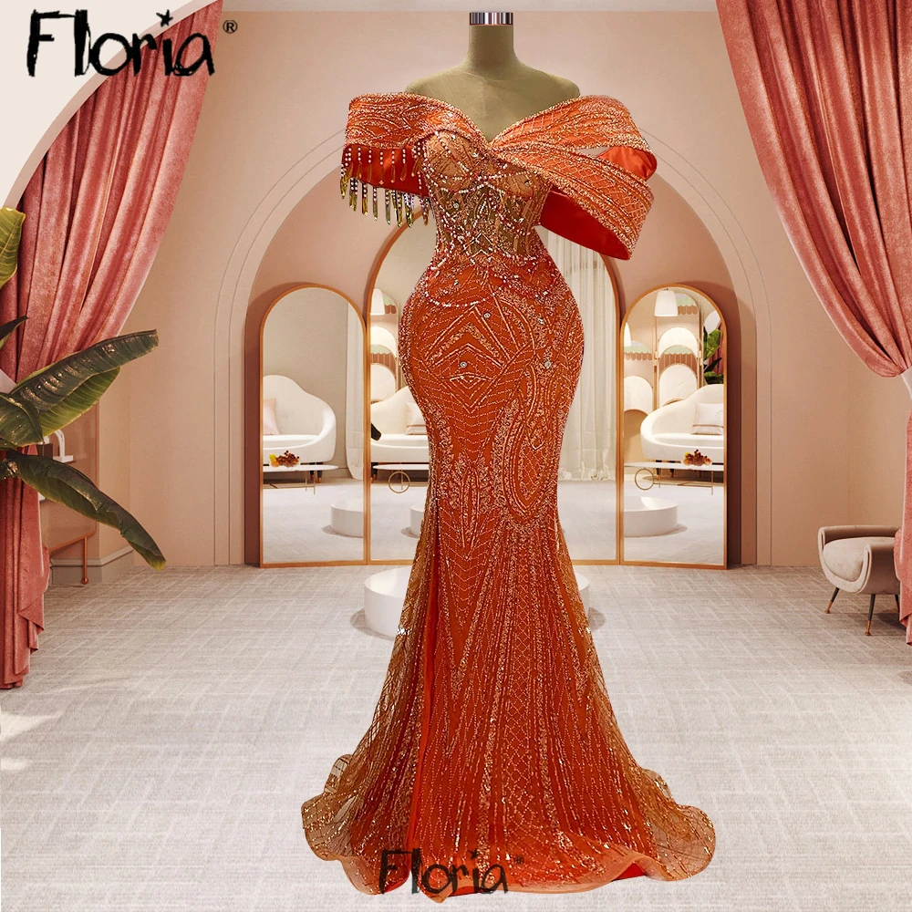 Aso Ebi Sparkly Orange Long Beaded Party Dress Women Wedding Night Gowns Off Shoulder Crystals Tassel Side Slit Prom Dresses