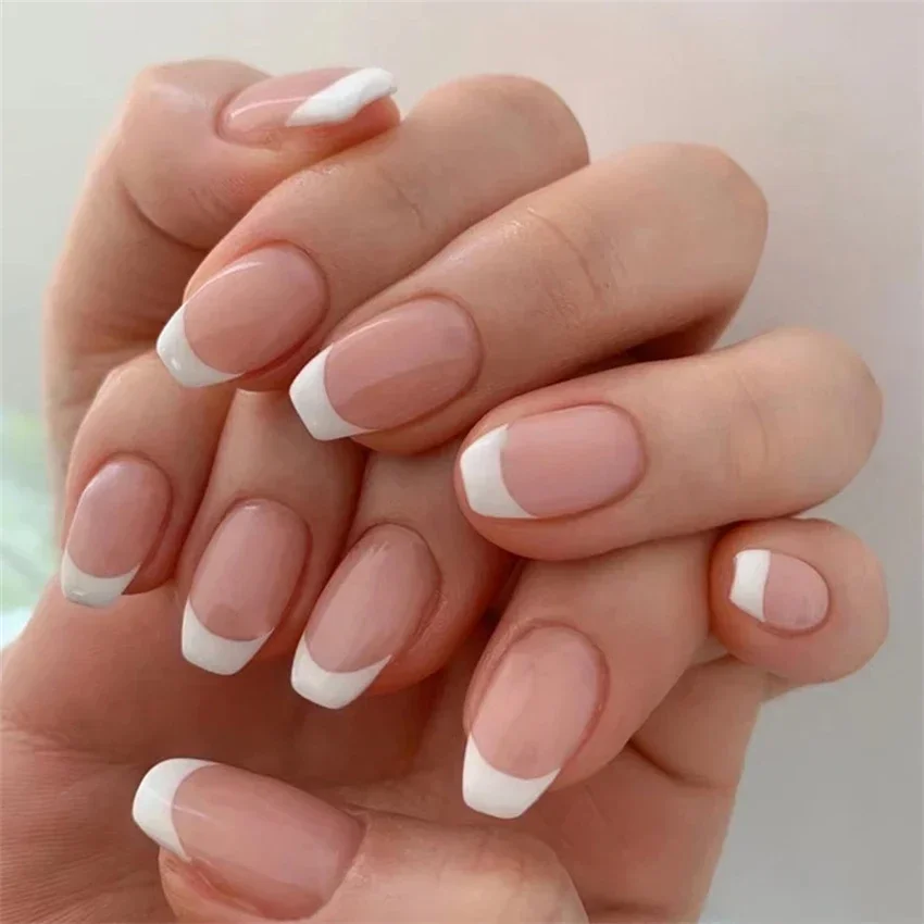 24Pcs White Edge French Fake Nail Tips Gold Powder Artificial Short Press on Acrylic Nails Wearing False Nails Art Free Shipping