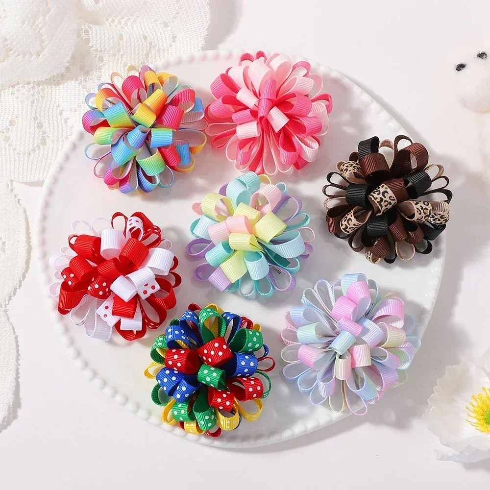 RAINBOW BOWS 2PCS Ribbon Floral Ball Hair Clips for Girls Cheer Bows Hairpins Barrettes Headwear Kids Party Hair Accessories