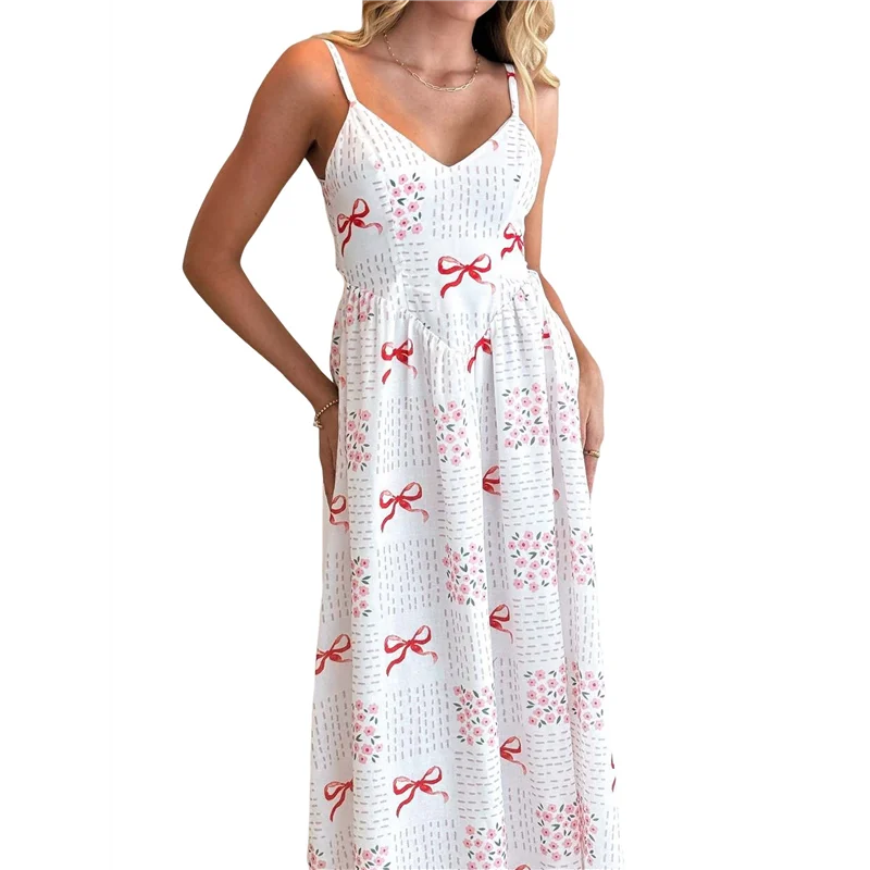 AOAO-Vestito lungo estivo da donna 2025, abito lungo da spiaggia Boho con smock floreale senza maniche