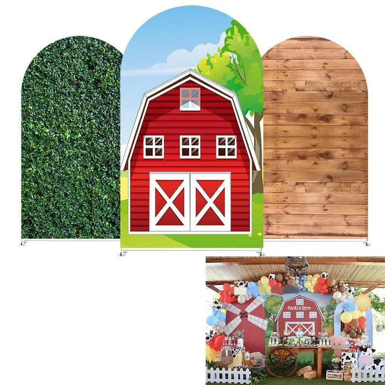 

Mehofond Red Barn Door Arch Backdrop Cover Farm Birthday Party Wood Green Leaves Arches Background Festa Party Baby Shower Decor