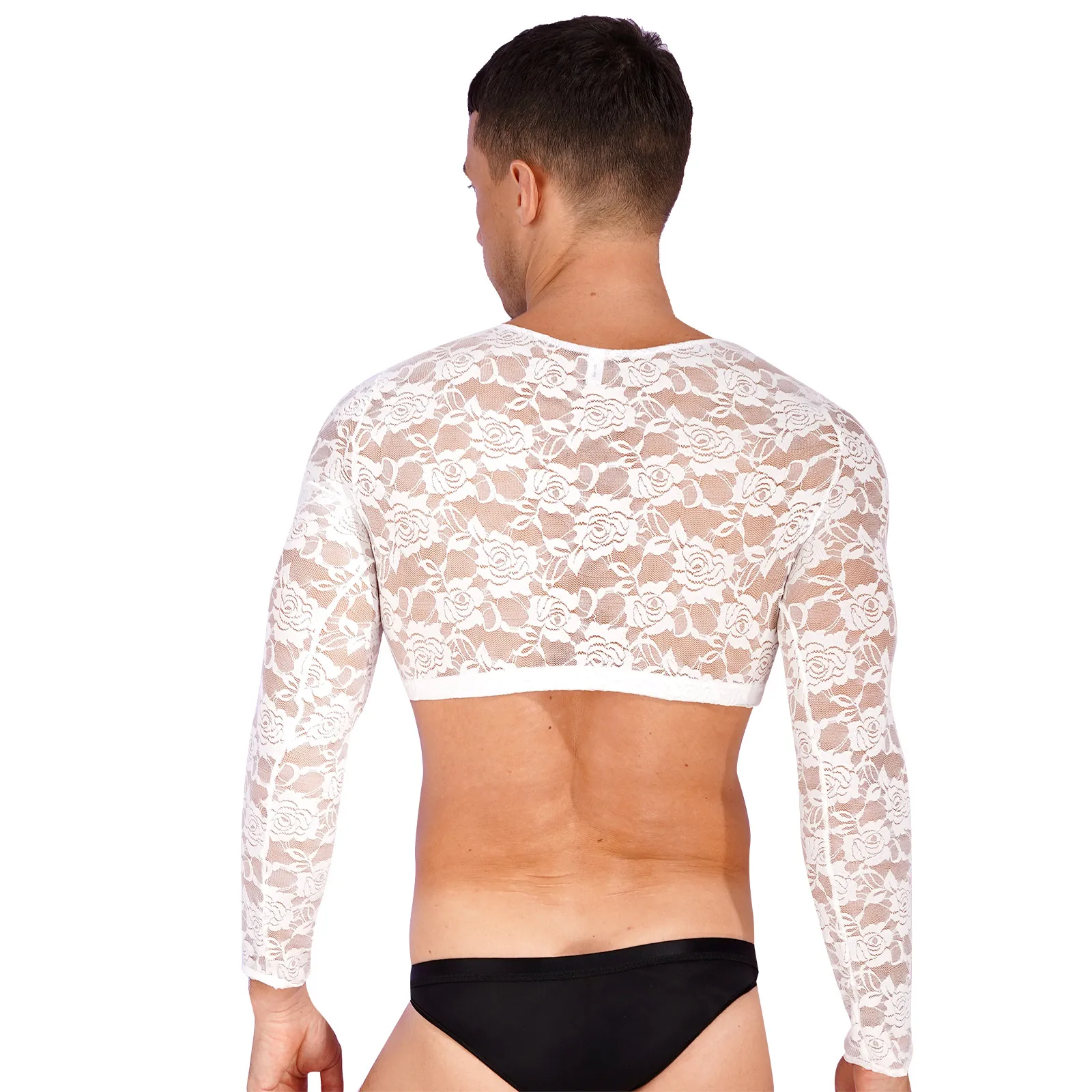 Men Floral Lace T Shirt Crop Tops See Through Sheer Undershirt Sexy Long Sleeve Male Blouse Streetwear Sissy Vest Camisetas