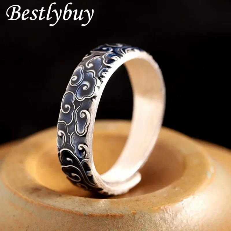 New 100% 999 Silver Jewelry Accessories Simple and Fashionable Drop Glue Burning Blue Auspicious Cloud Women's Ring