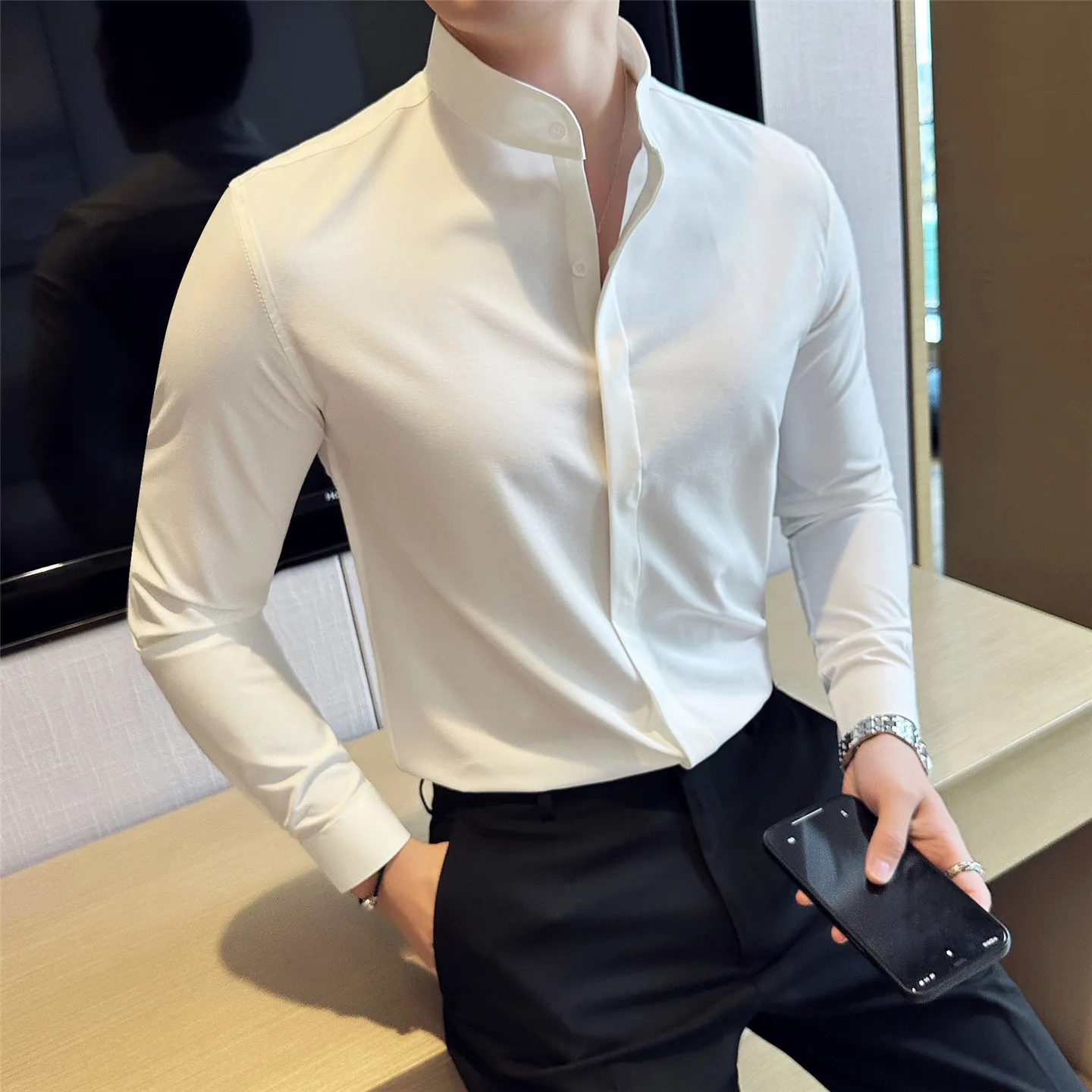 Autumn Winter Business Casual Shirt Men's Chinese Style Standing Collar Shirts Elastic Long Sleeve Office Social Men Clothing