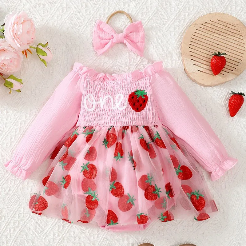 

Infant Baby Girls Dress Romper Strawberry Print Long Sleeve O Neck Jumpsuits Spring Fall Bodysuits with Headband Mesh Dress