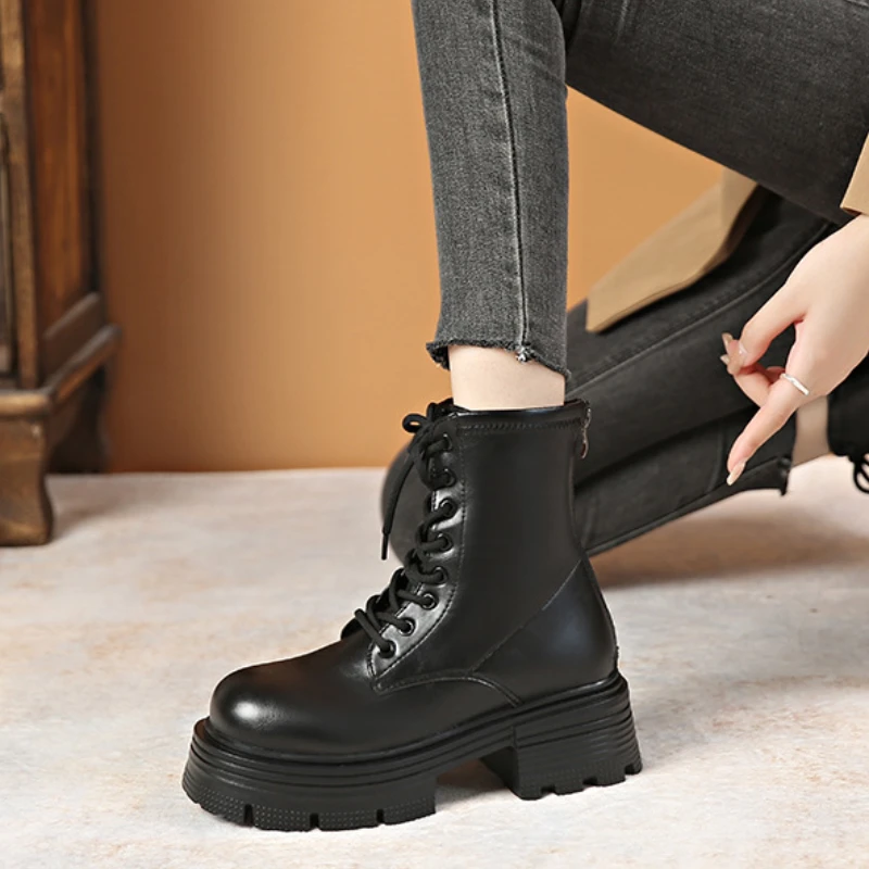 Black Platform Women Motorcycle Ankle Boots Fashion Lace Up Shoes Autumn Winter Thick Heel Women's Short Booties
