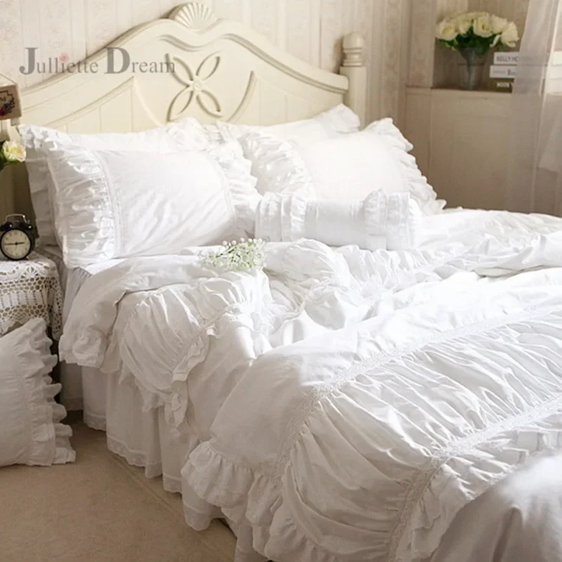 Top Luxury White European Bedding White Ruffle Comforter cover Bed linen Holiday Bedding Lace Cotton Bedding Set Queen