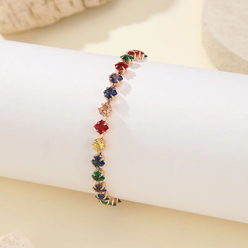 Fashionable light luxury copper cube zirconia stone sparkling bracelet, with real gold, colored zircon, high-end light luxury