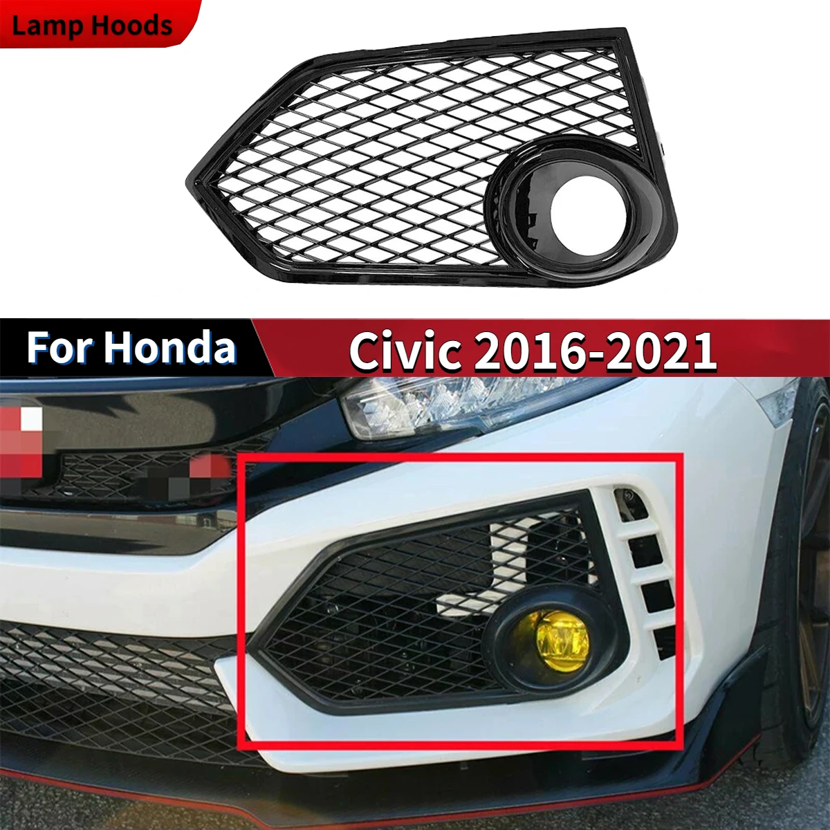 

Car Front Bumper Mesh Fog Light Cover for Honda Civic 2016-2021 Mesh Gloss Black Lamp Guard Protector Cover Body Kit Auto Parts