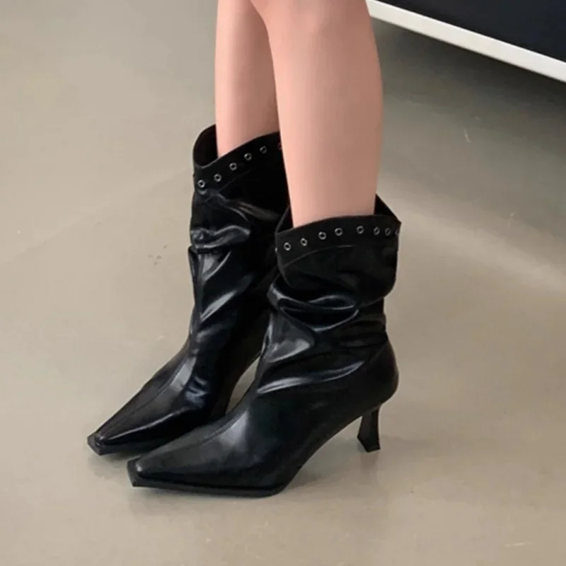 

Winter New Style Square Toe Stiletto Heel Increased Non-slip Women's Riding Boots Fashionable and Elegant Catwalk Short Boots