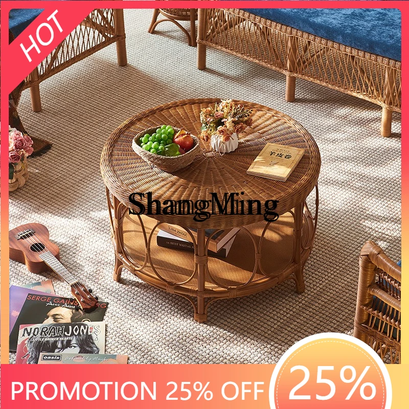 SM نبات الروطان طاولة شاي غرفة المعيشة شقة صغيرة الفن العتيقة جولة الروطان طاولة شاي صغيرة