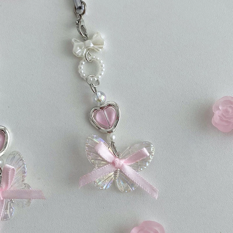 1pcs Korean Transparent Butterfly Phone Lanyard Girls Y2K Bow Heart Phone Chain For Girls Cute Sweet Mobile Phone Charm image 5