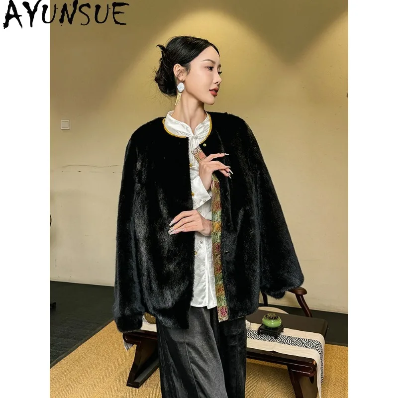 AYUNSUE Natural Mink Fur Coat Women Clothing Winter Jacket Mid-length Whole Mink Womens Coats 100% Real Silk Parka Reversible