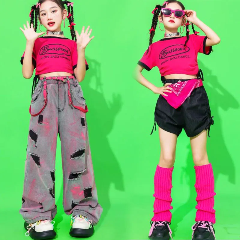 Conjunto de ropa de animadora para niñas, Top corto de Hip Hop, DenimPants, pantalones cortos de baile callejero, ropa de calle para niños, disfraces dulces de Jazz, Verano