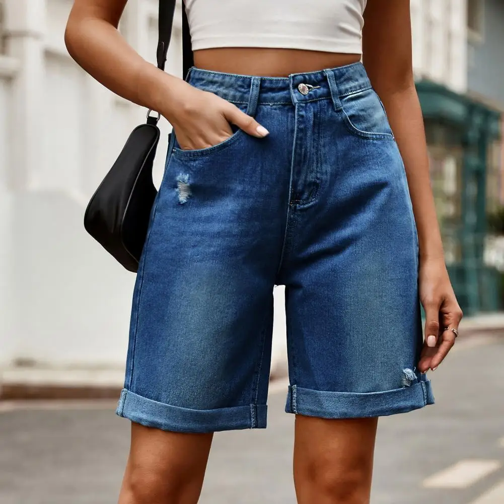 

Women Denim Shorts Stylish Distressed Denim Shorts for Women Mid Waisted Knee Length Stretchy Wide Leg Jeans with Pockets Knee