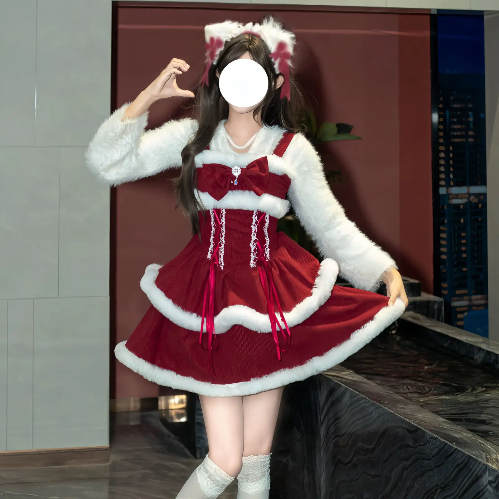 Japan Kawaii Lolita Dress Sets Women Hooded Shawl Short Jackets Bow Mini Skirt Korean Style Sweet Red Christmas New Year Suit