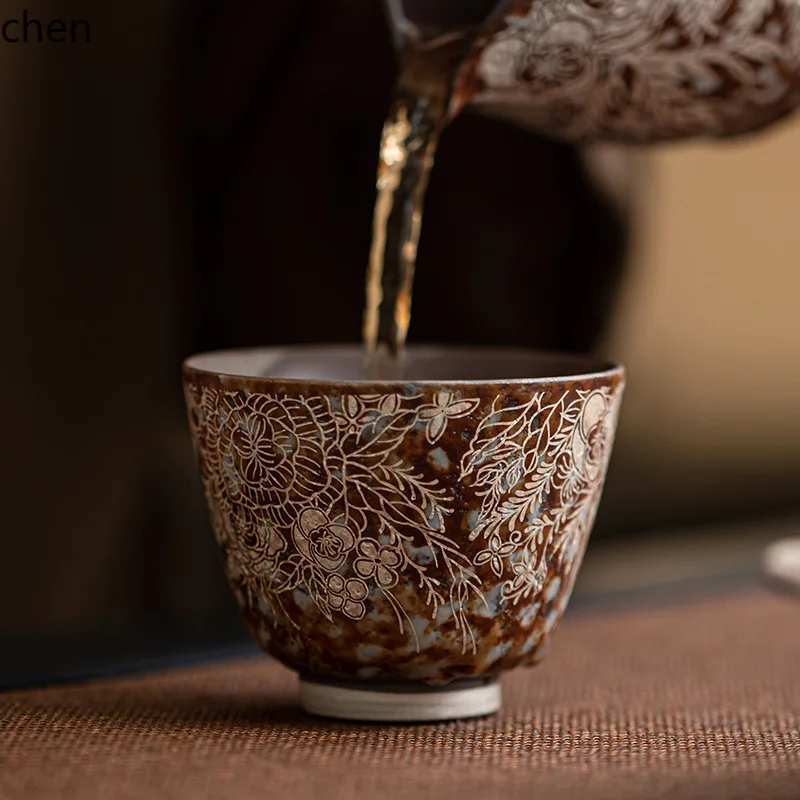 HYS silver-plated agarwood cup - rustic pottery kung fu tea set - single cup