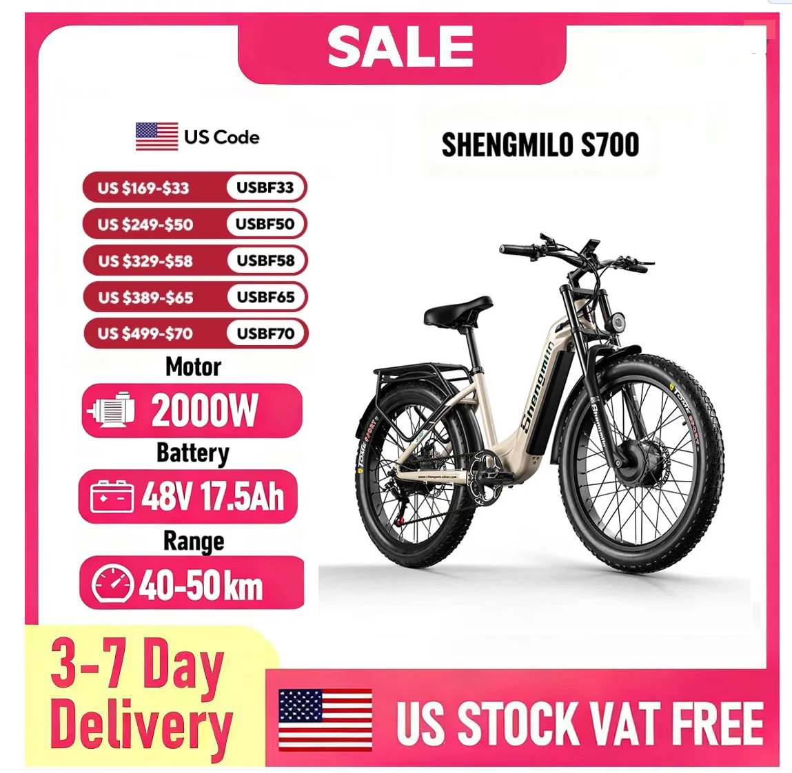 

SHENGMILO S700 26" Step-Thru Fat Tire Electric City Bike 1000W*2 Dual Motor 48V 17.5Ah Battery