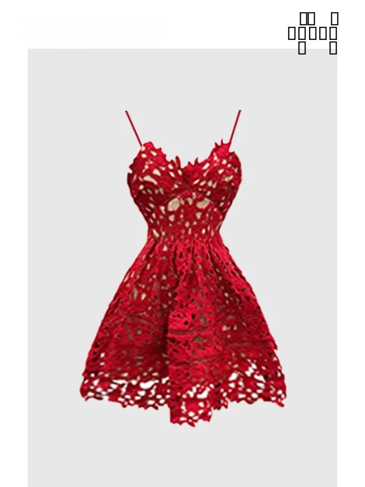 

Летняя юбка HEZA в стиле ретро, красная, кружевная, с вырезами, на бретельках, для женщин, в стиле Pure Desire Spicy Girl, корейская, фасон А-силуэт