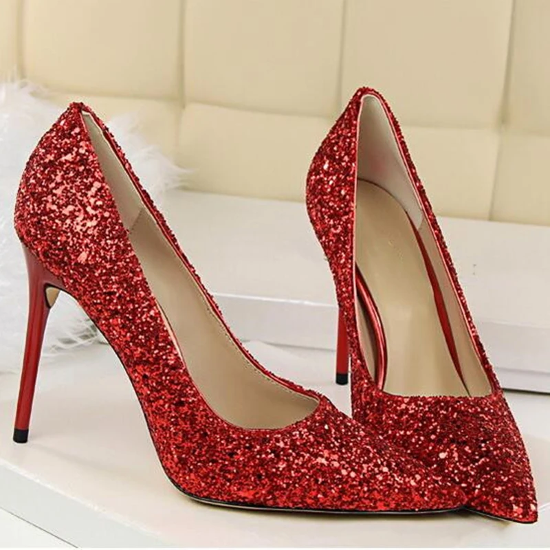 

New sequin heels Shoes Rhinestone High Heels Women Pumps pearl heels Pointed toe Woman Crystal Party Wedding Shoes