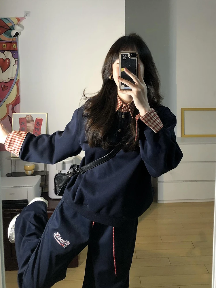 

American Sle Collar Patchwork Long Sve Women's Sweatirt Spring Autumn Loose Korean Design Unique Top