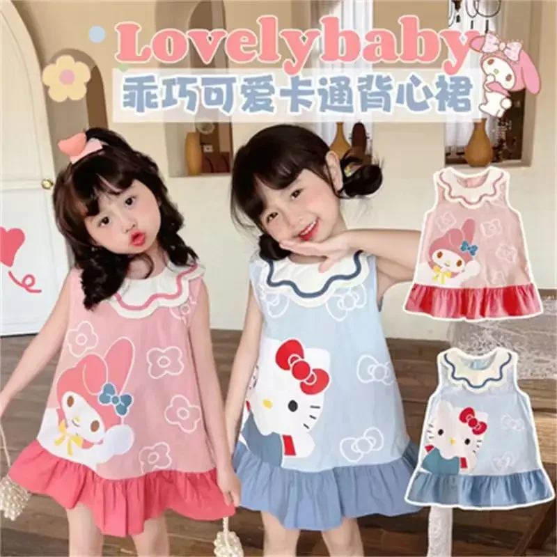 Sanrio Hello Kitty Children's T-Shirt Cartoon Anime My Melody Cute Petal Collar Sleeveless Dress Princess Cute Skirt Baby Gifts