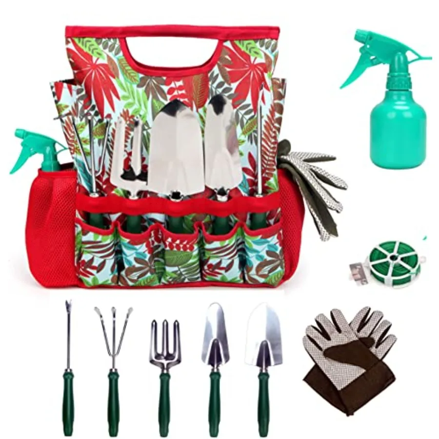 

Набор садовых инструментов из 9 предметов с перчатками и сумкой-тоут с цветочным принтом Компактный набор садовых ручных инструментов с сумкой для хранения для посадки на открытом воздухе