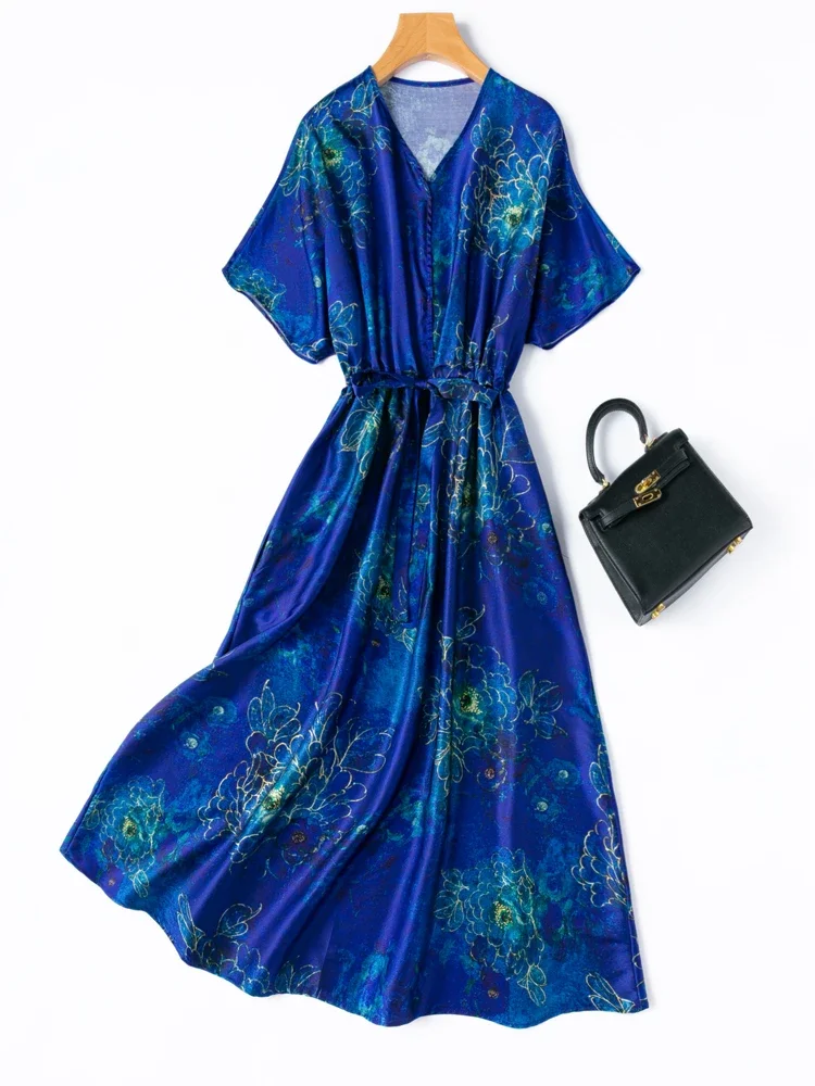 Blaue Pfingstrose, künstlerischer Charme, 93 % natürliche Maulbeerseide, elastischer Satin, V-Ausschnitt, Kordelzug, modisches, tailliertes Kleid für Damen