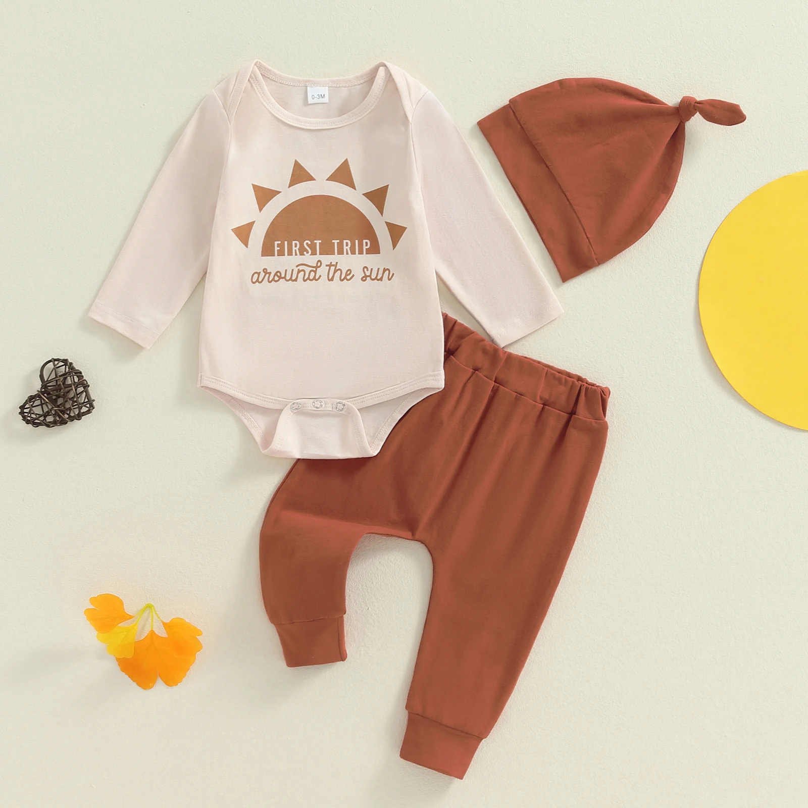 

Long Sleeve Baby Boys Autumn Clothes 3 Piece Infant Set Outfits Sun Print Romper with Pants and Hat Fall Newborn Clothing