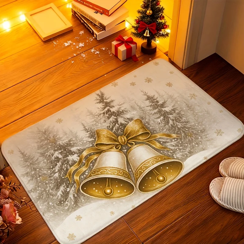 Retro Golden Bell Snow Forest Print,hallway,entryway,living room,kitchen Ornament,Washable Seasonal Holiday Decor floor mat