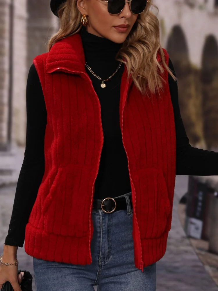 Fashionable Autumnal Flash Flocking Women's Vest Loose Striped Zipperless Sleeveless Furry Casual Outerwear Coat