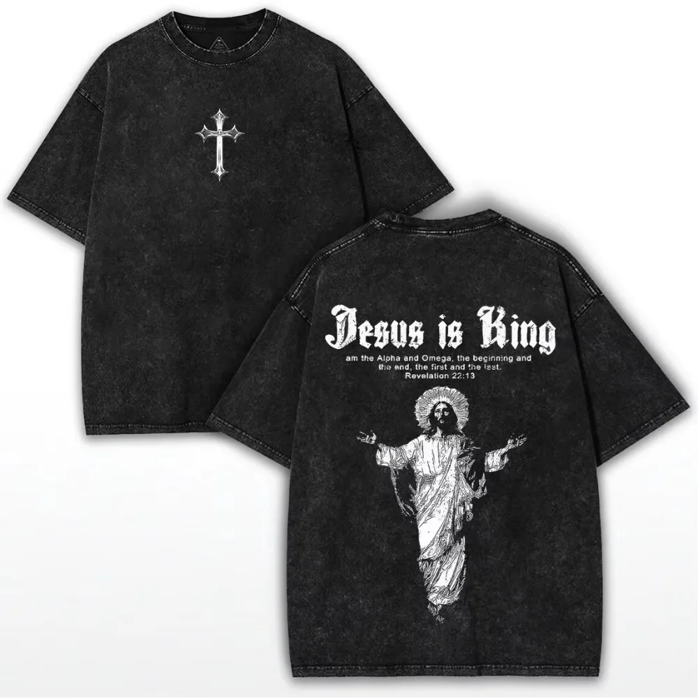Vintage Washed Cotton Retro Tee Jesus Is King Christian Cross Print Religious Casual Streetwear Believer Birthday Gift Tops