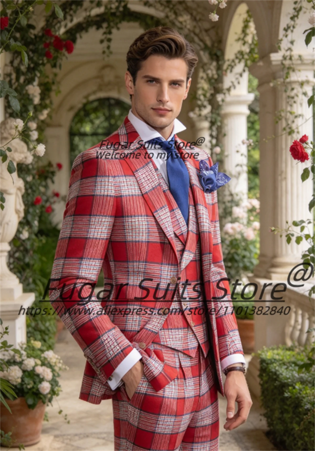 Casual Red Plaid Party Men Suits Customized Slim Fit Notched Lapel Groom Wedding Tuxedos 3Pcs Sets Male Prom Blazers Ropa Hombre