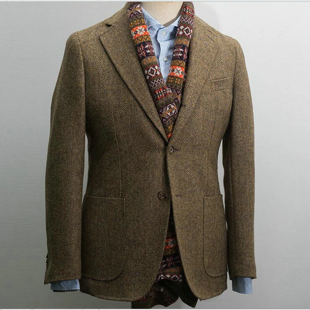 Men\'s Suit Brown Blazer Prom Tuxedos Herringbone Wool Tweed Single Breasted Formal Bussiness Jacket for Wedding(Only Coat)