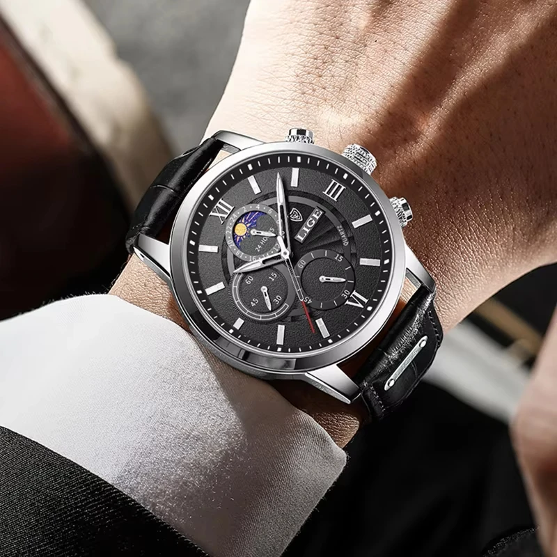 ساعات رجالي LIGE العلامة التجارية الفاخرة الجلود ساعة كوارتز عادية رجل الرياضة مقاوم للماء ساعة القمر المرحلة ساعة Relogio Masculino + صندوق