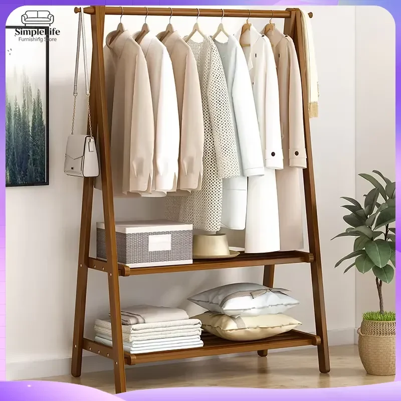 Bamboo Folding Coat Rack Floor Standing Clothes Hanger Thickened Hat Storage Organizer for Bedroom Living Room Balcony Drying