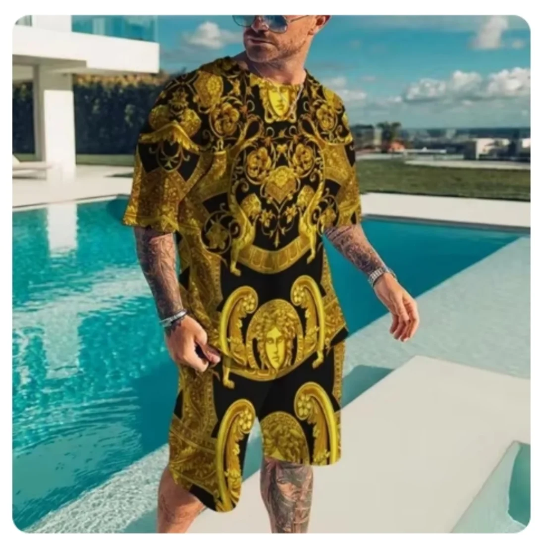 Summer New Men\'s T-shirt Set Baroque Style Gold Flower 3D Printed Tee Short Shorts Set Street Casual Vintage Tracksuit 2pcs Suit