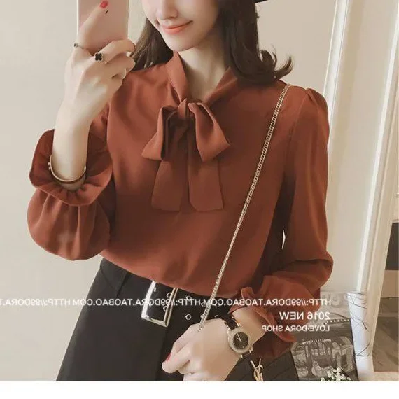Chiffon Shirt for Women 2025 Summer Korean Version of Long -sleeved Blouse Skirt Casual Loose Red Chiffon Comfort LadyTop