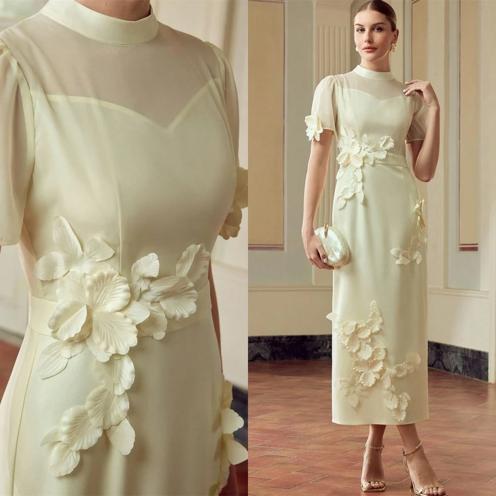 

Классическое светло-желтое вечернее платье из джерси по индивидуальному заказу, элегантное изящное платье для выпускного вечера с круглым вырезом и короткими рукавами, современное вечернее платье