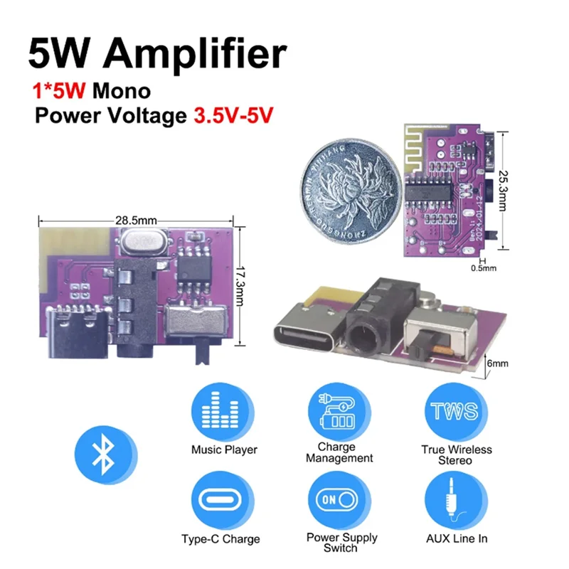 New-DC3.5V-5V 5W Mono Audio Amplifier Bluetooth Decoder Board Supports TWS Pair TYPE-C Interface Electronic Component Kit