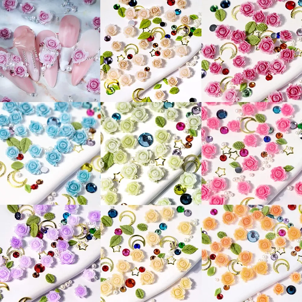 100 Stücke 3D Harz Rose Nail art Charms Gemischte Perlen Blätter Schmuck Nagel Strass Kawaii Kamelie Blume Nail art Dekoration