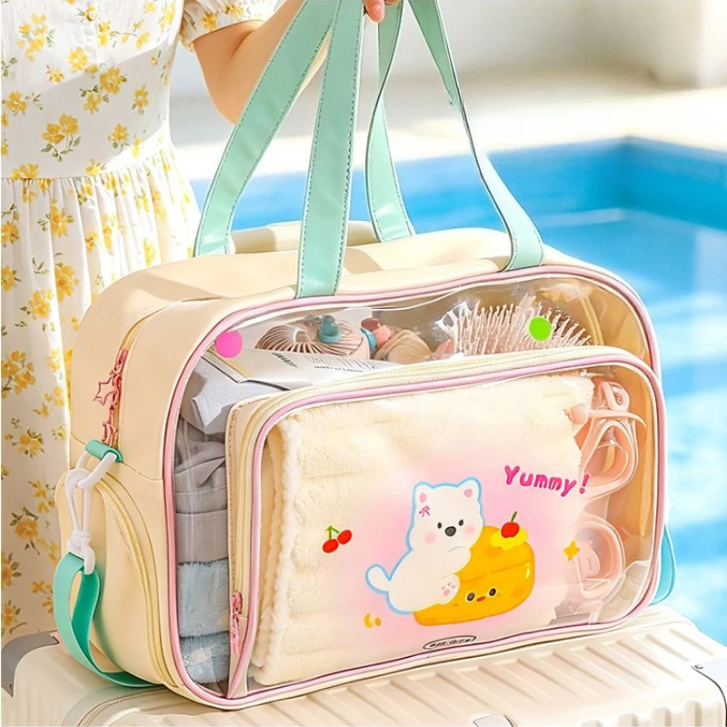 Waterproof PVC Handheld Swimming Bag for Women & Kids, Cartoon Print, Wet Dry Separation, Large Capacity with Shoe Storage