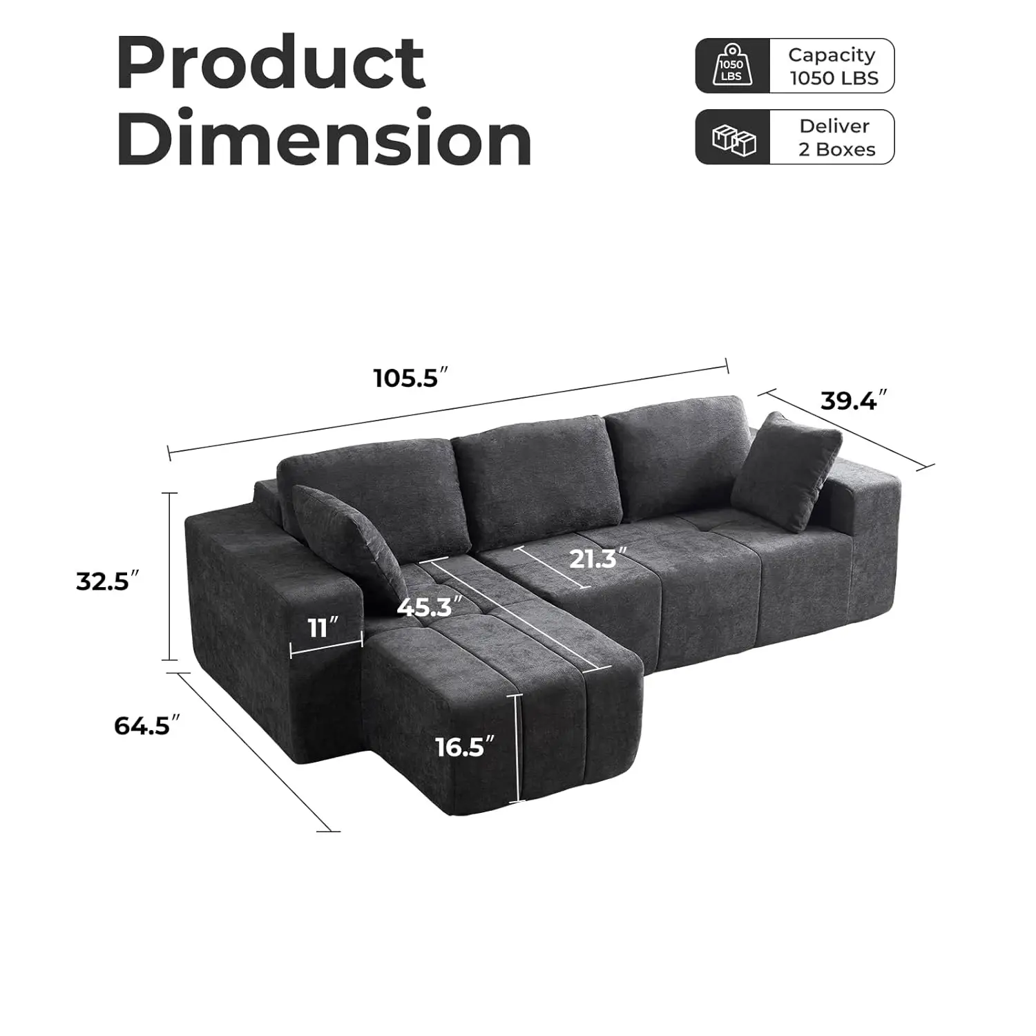 Cloud Modular Sectional Couch 105 Inch Chenille Deep Seat L-Shape Sofa with Chaise Customized Upholstered Boneless Couches image 5