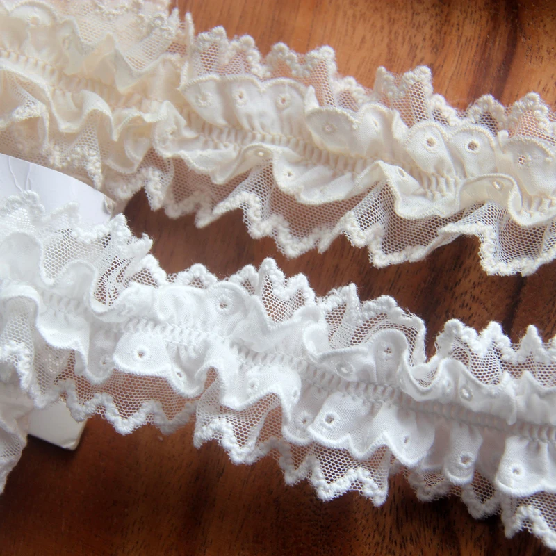 White Beige Stretch Ruffled Cotton Elastic Lace Trim Embroidered Fringe Ribbon Dress Collar Curtains Fabric DIY Sewing Decor