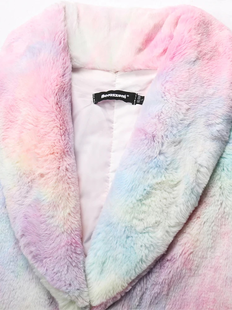 Nerazzurri Winter Long Colorful Loose Casual Thick Warm Fluffy Faux Fur Coat Women Shawl Collar Tie Dye Designer Clothes 2023