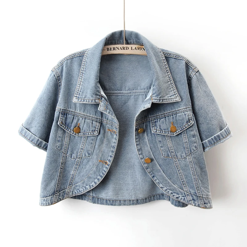 Lente Zomer Grote Zak Korte Mouw Denim Jas Vrouwen Slanke Korte Student Cowboy Bovenkleding Vintage Blue Jeans Jas Vrouwelijke