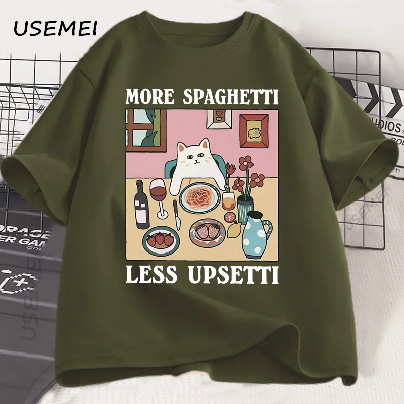 Meer Spaghetti Minder Upsetti Kat T-shirt Grappige Kat Minnaar Tee Voedsel Humor Grafische Top voor Mannen Vrouwen Casual Losse Katoenen Print Tee